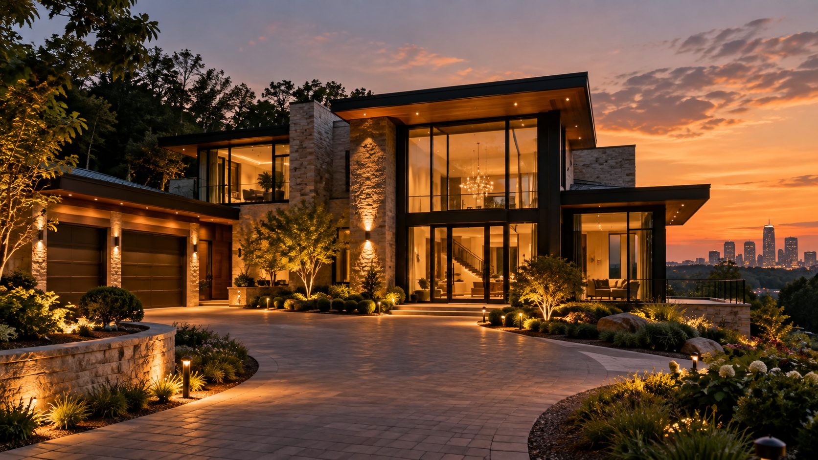Modern luxury smart home in Charlotte, NC at sunset